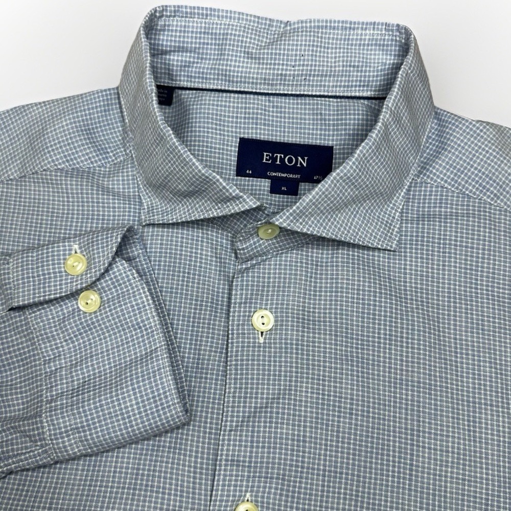 Eton Dress Shirt Mens XL 17.5-44 Blue Check Light Weight Flannel 100% Cotton